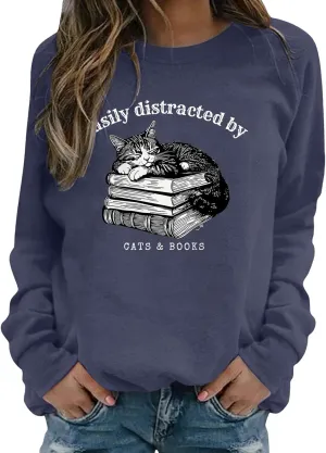 Easily Distracted By Cats And Books Sweatshirt for Women Long Sleeve Crewneck Oversized Pullower 2025 Trendy Tops