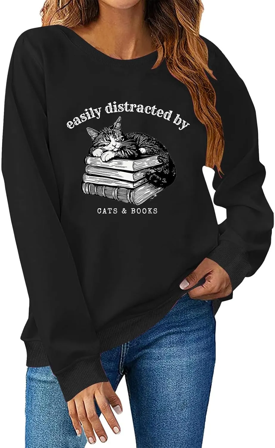 Easily Distracted By Cats And Books Sweatshirt for Women Long Sleeve Crewneck Oversized Pullower 2025 Trendy Tops