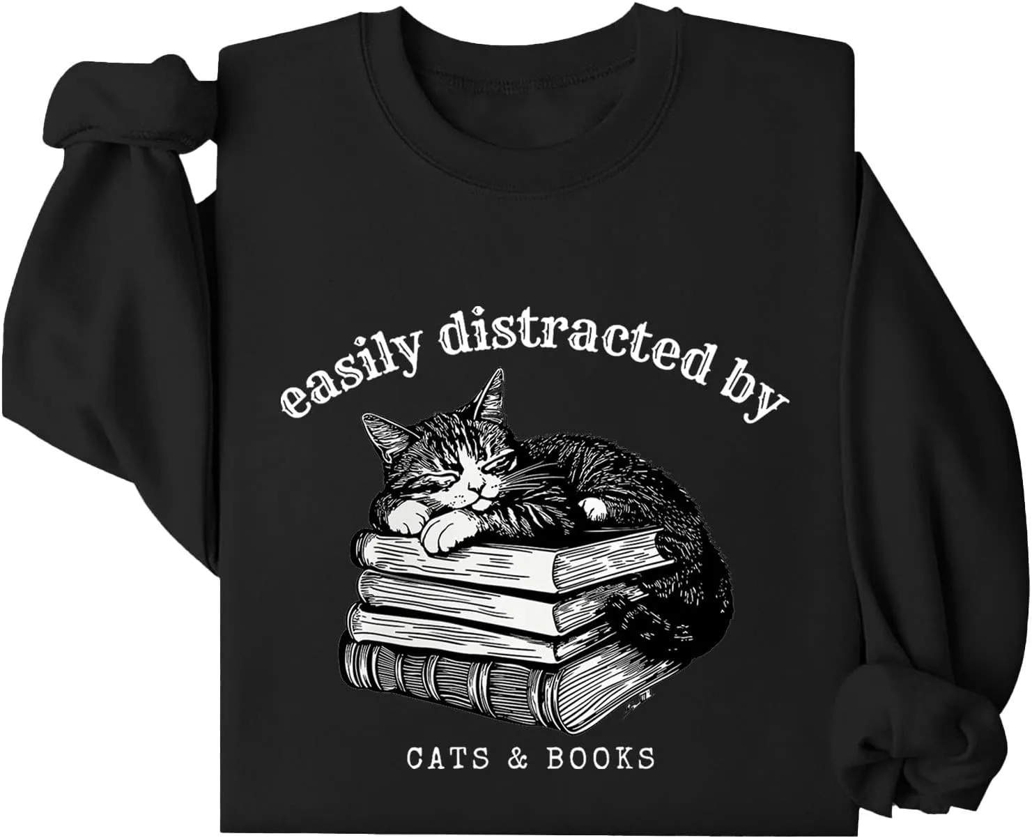 Easily Distracted By Cats And Books Sweatshirt for Women Long Sleeve Crewneck Oversized Pullower 2025 Trendy Tops