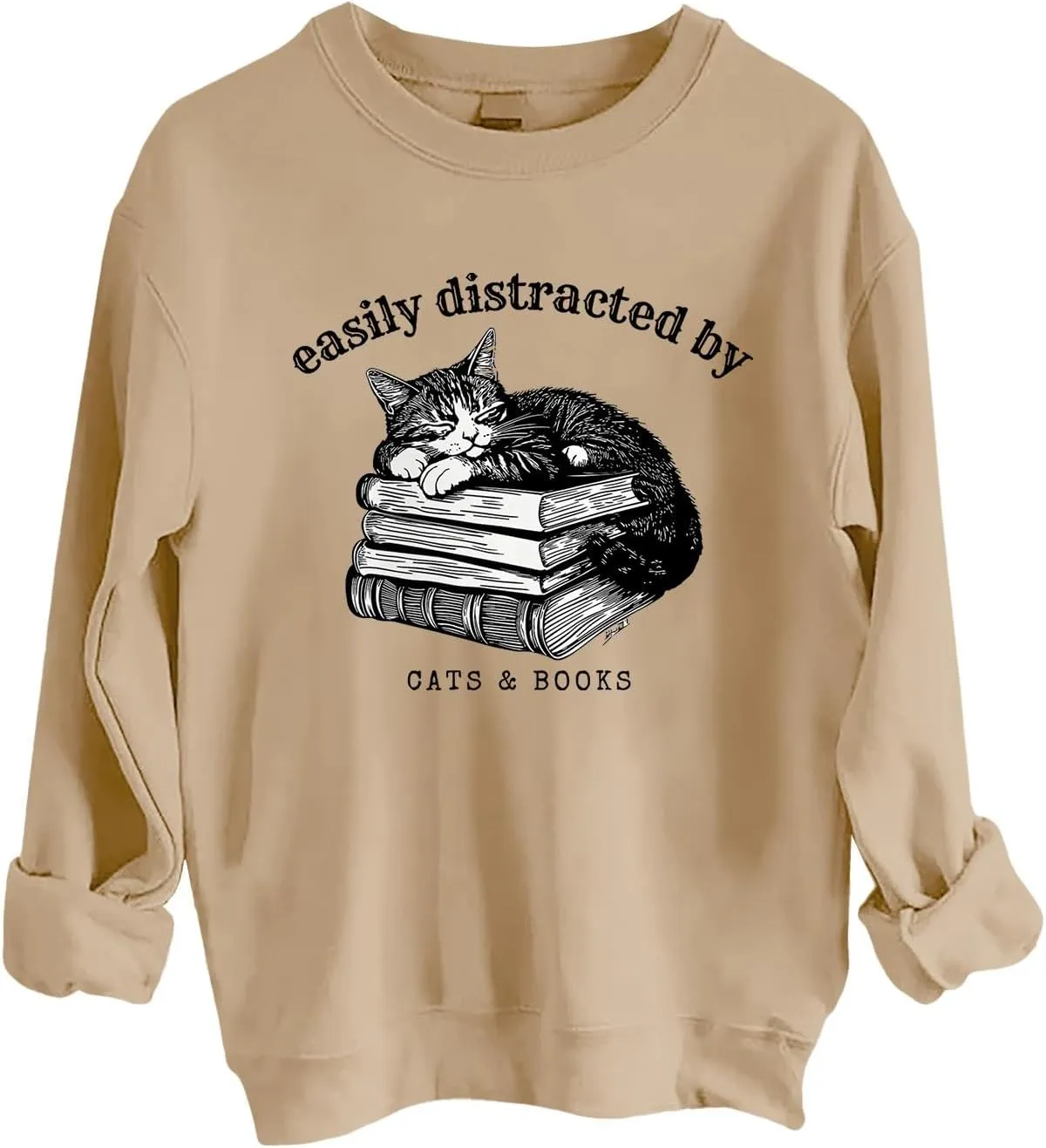 Easily Distracted By Cats And Books Sweatshirt for Women Long Sleeve Crewneck Oversized Pullower 2025 Trendy Tops