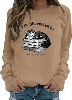 Easily Distracted By Cats And Books Sweatshirt for Women Long Sleeve Crewneck Oversized Pullower 2025 Trendy Tops