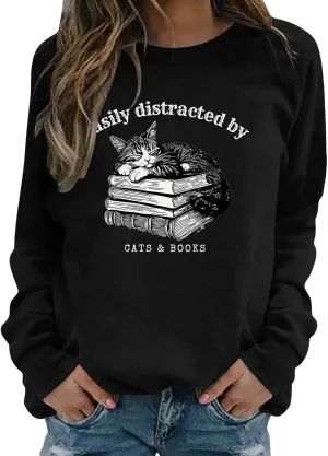 Easily Distracted By Cats And Books Sweatshirt for Women Long Sleeve Crewneck Oversized Pullower 2025 Trendy Tops