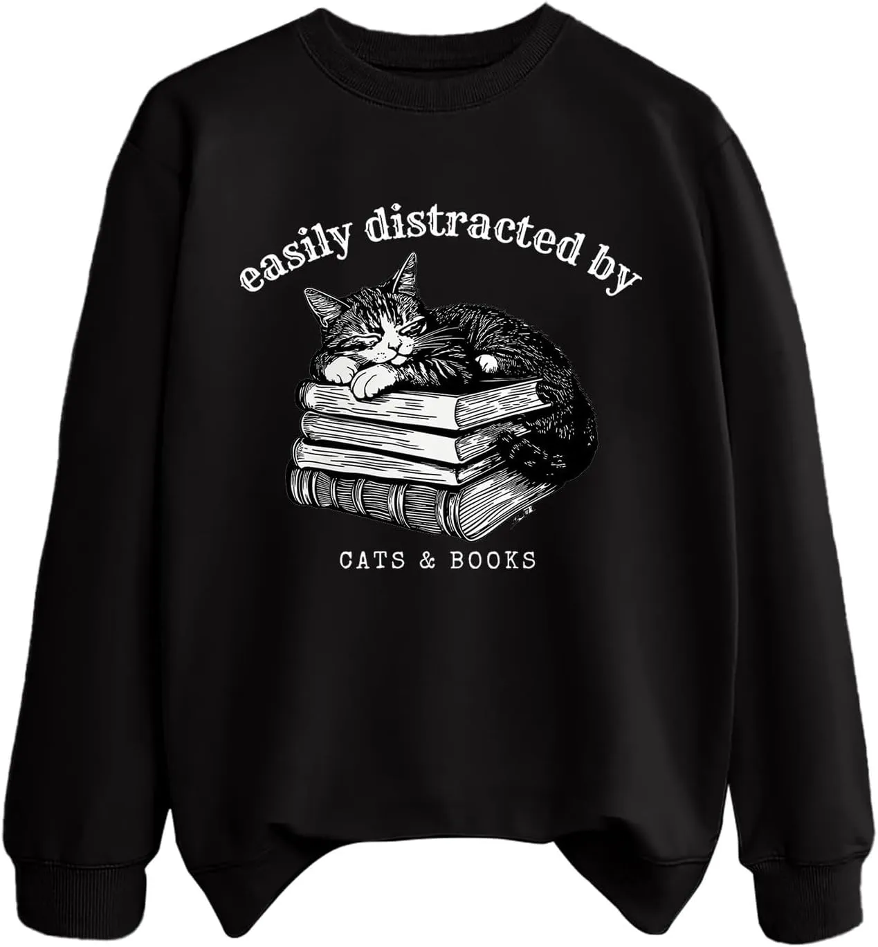 Easily Distracted By Cats And Books Sweatshirt for Women Long Sleeve Crewneck Oversized Pullower 2025 Trendy Tops