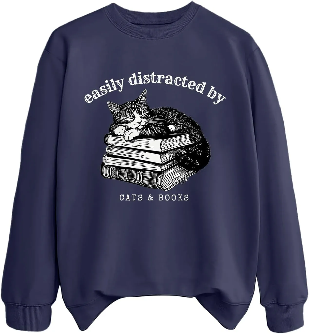 Easily Distracted By Cats And Books Sweatshirt for Women Long Sleeve Crewneck Oversized Pullower 2025 Trendy Tops