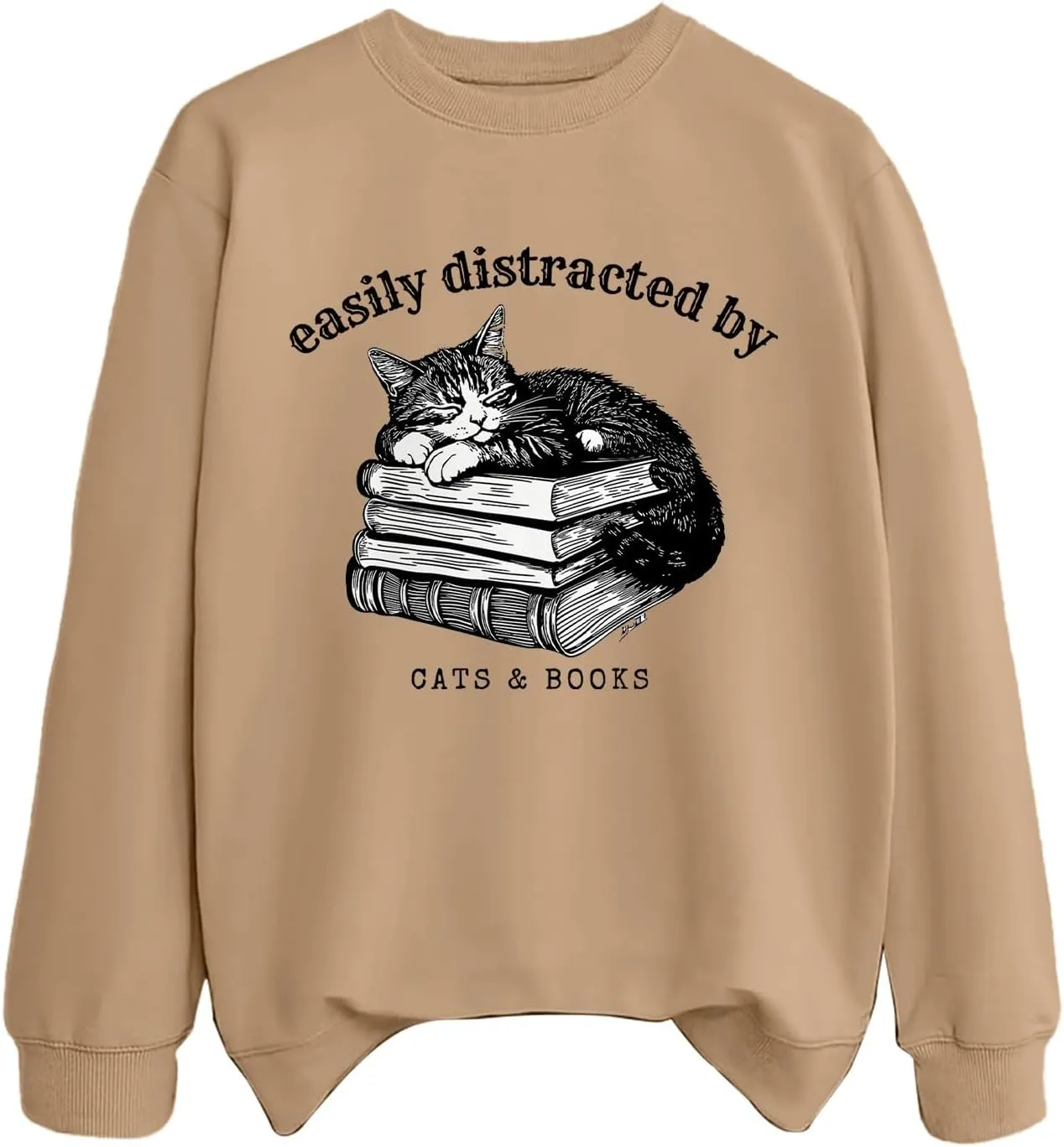 Easily Distracted By Cats And Books Sweatshirt for Women Long Sleeve Crewneck Oversized Pullower 2025 Trendy Tops
