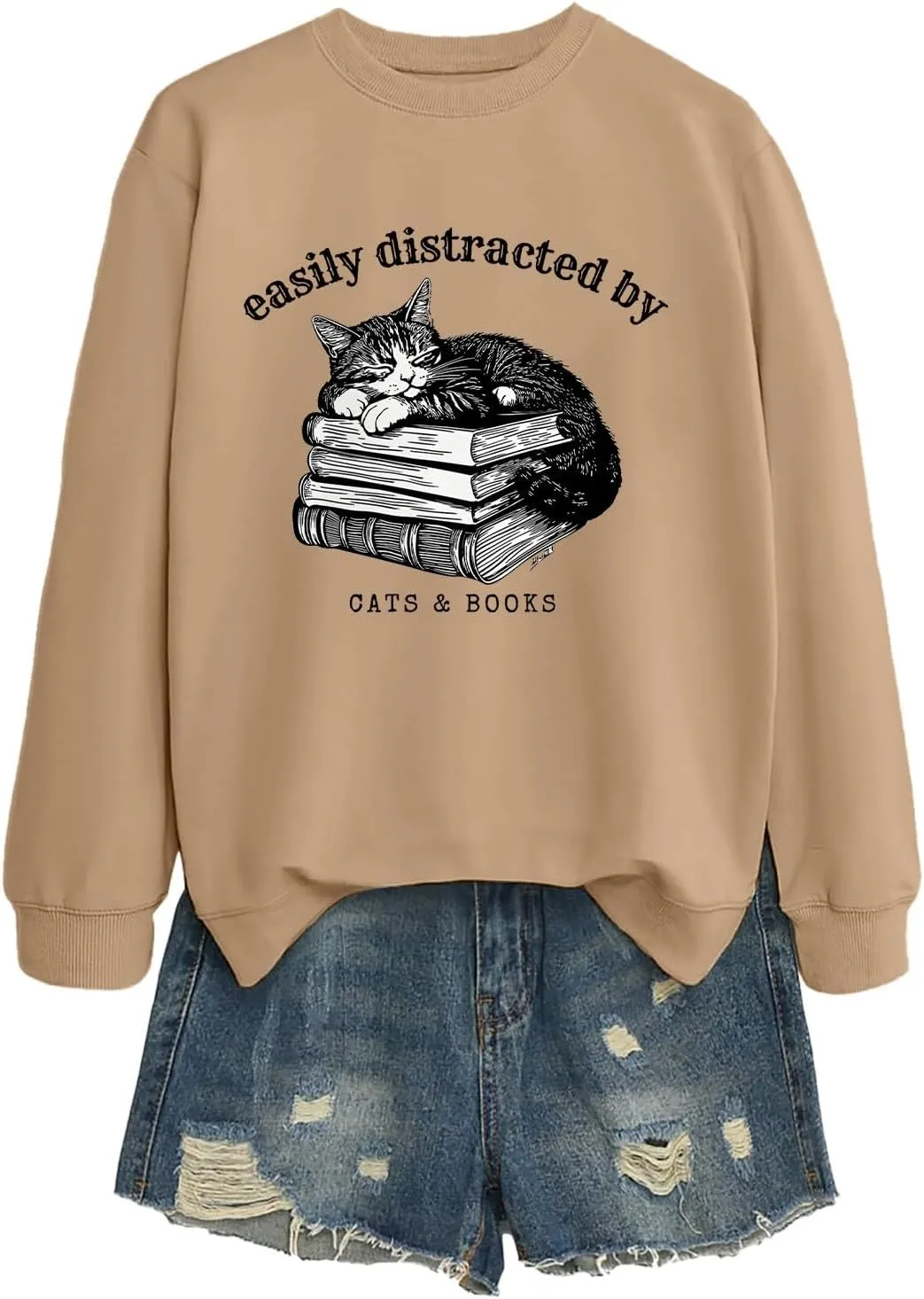 Easily Distracted By Cats And Books Sweatshirt for Women Long Sleeve Crewneck Oversized Pullower 2025 Trendy Tops