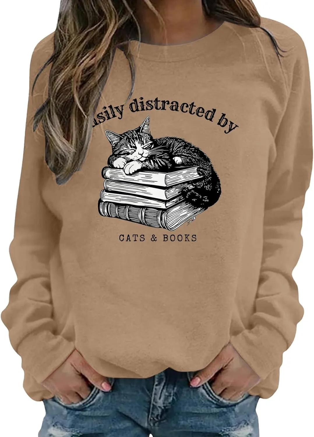 Easily Distracted By Cats And Books Sweatshirt for Women Long Sleeve Crewneck Oversized Pullower 2025 Trendy Tops