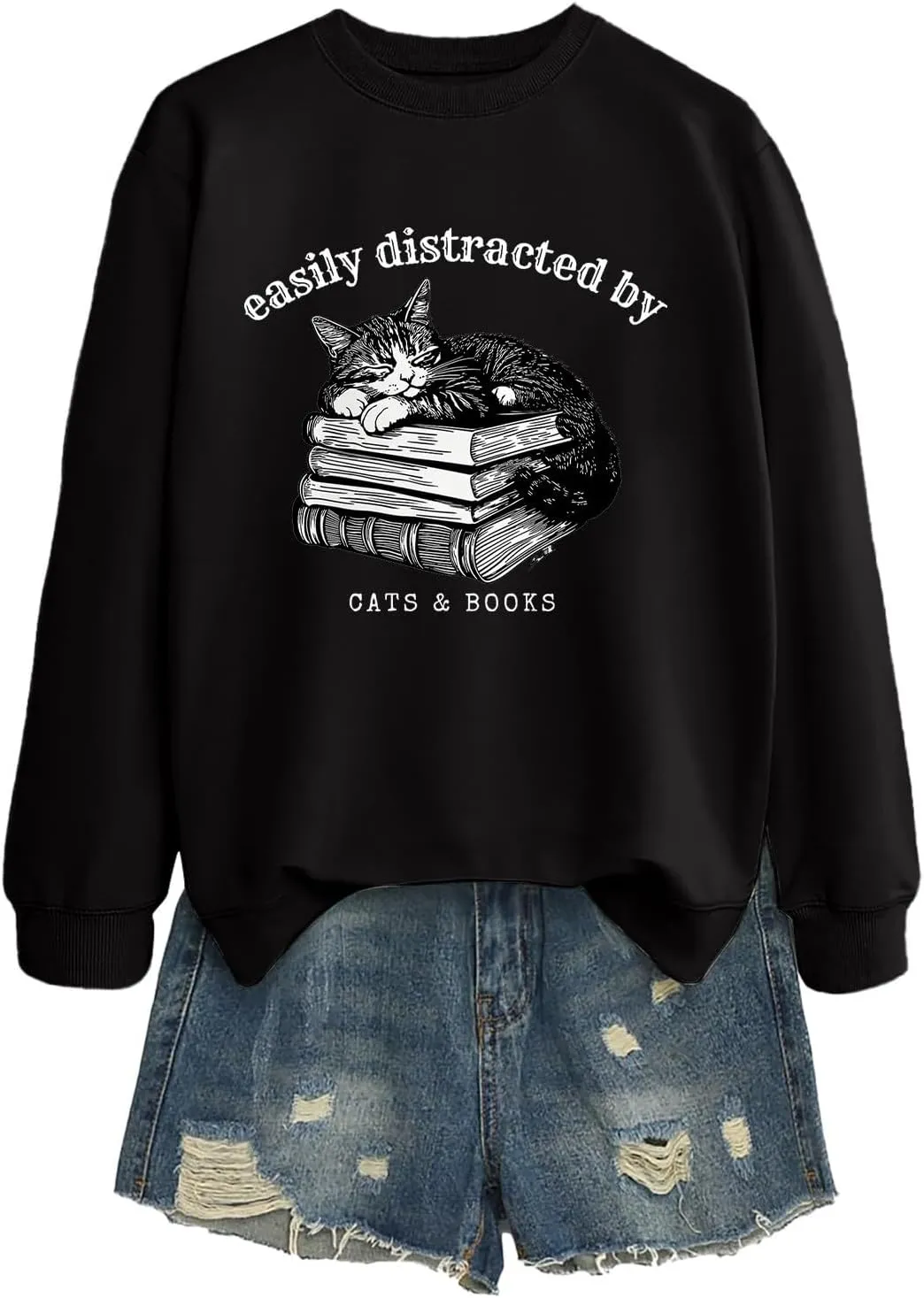 Easily Distracted By Cats And Books Sweatshirt for Women Long Sleeve Crewneck Oversized Pullower 2025 Trendy Tops
