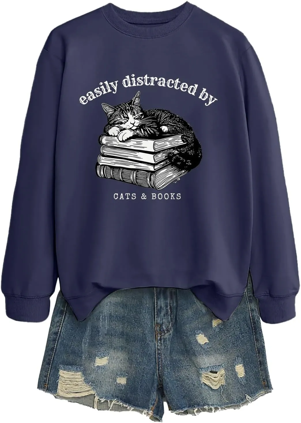 Easily Distracted By Cats And Books Sweatshirt for Women Long Sleeve Crewneck Oversized Pullower 2025 Trendy Tops