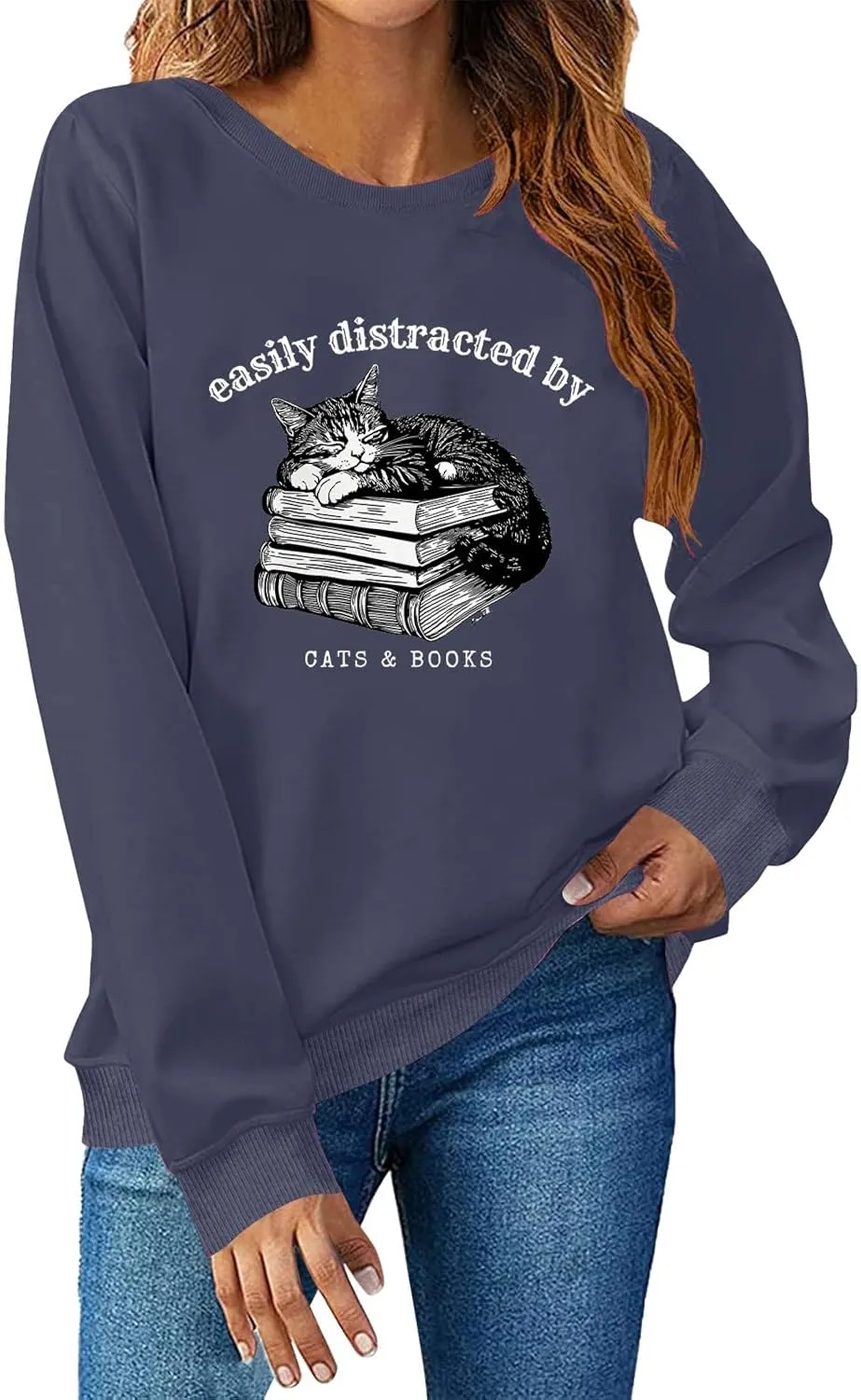 Easily Distracted By Cats And Books Sweatshirt for Women Long Sleeve Crewneck Oversized Pullower 2025 Trendy Tops