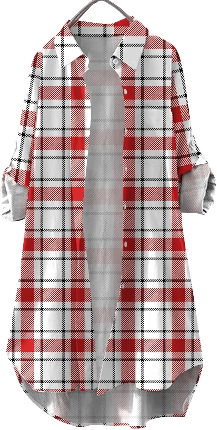 Fall Cardigans for Women 2024,Open Front Roll Up Sleeve Tops Button Down Plaid Shirts Oversized Cardigan