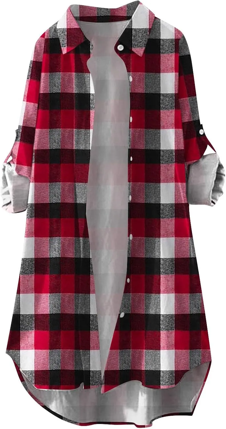 Fall Cardigans for Women 2024,Open Front Roll Up Sleeve Tops Button Down Plaid Shirts Oversized Cardigan