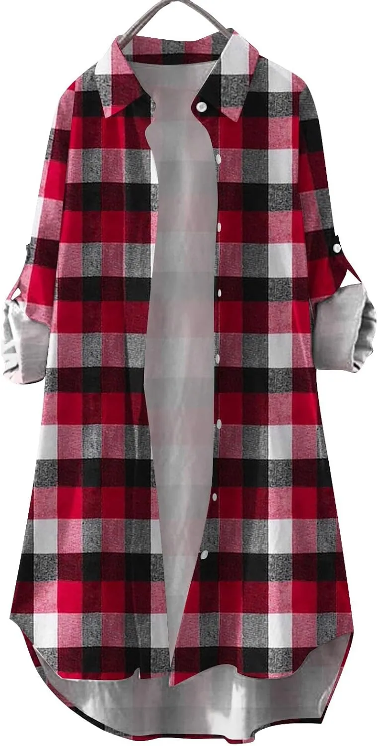 Fall Cardigans for Women 2024,Open Front Roll Up Sleeve Tops Button Down Plaid Shirts Oversized Cardigan