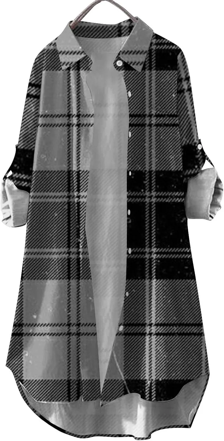 Fall Cardigans for Women 2024,Open Front Roll Up Sleeve Tops Button Down Plaid Shirts Oversized Cardigan