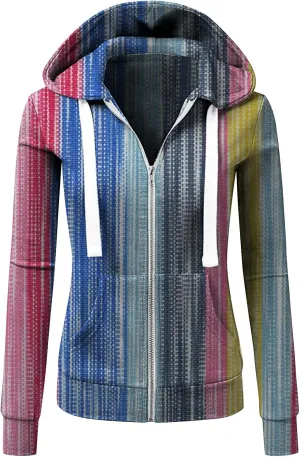 Fall Full Zip Hoodies for Women Plain Striped Hooded Jacket Casual Drawstring Sweatshirts Pullover Tops with Pockets