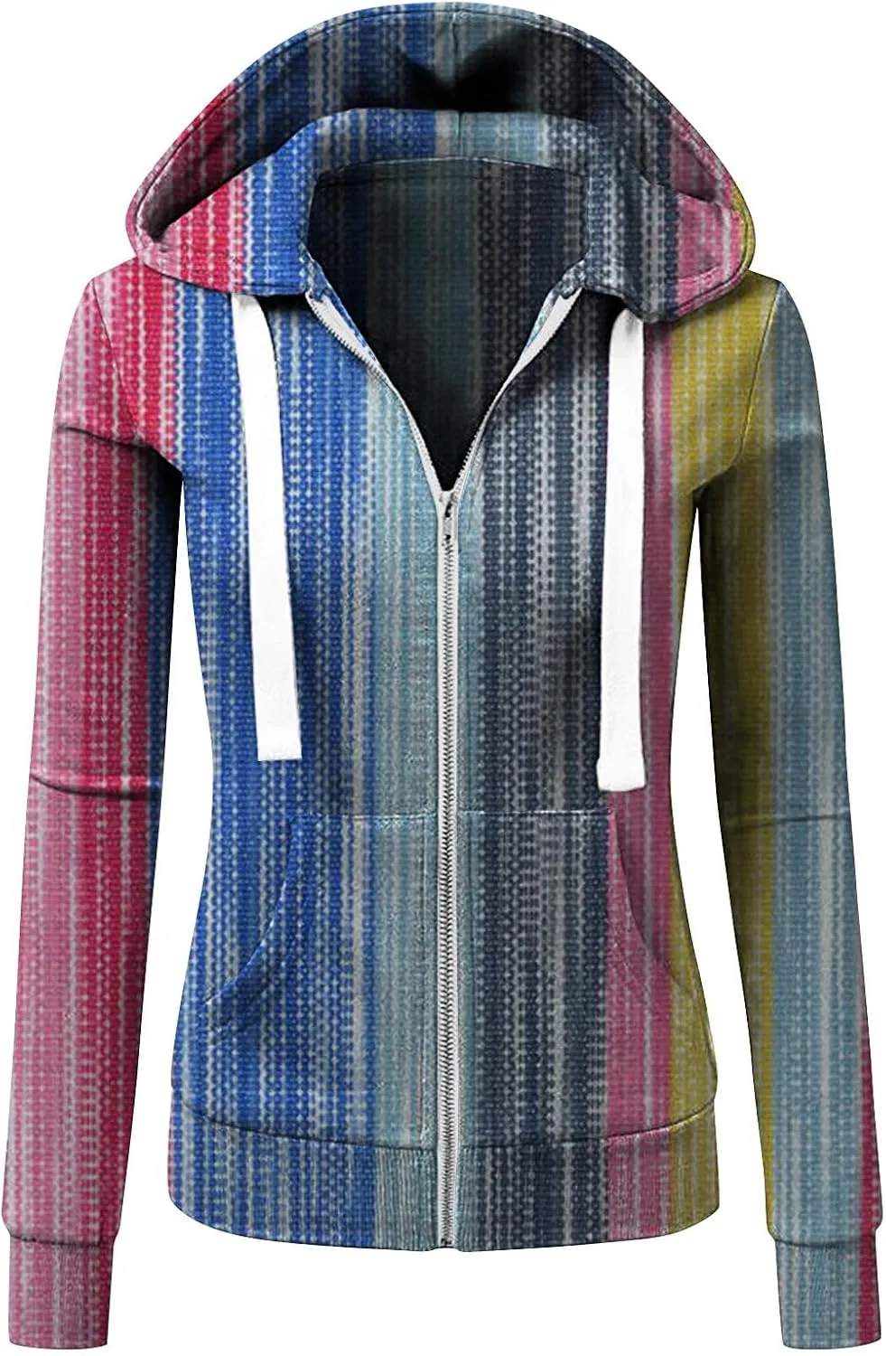 Fall Full Zip Hoodies for Women Plain Striped Hooded Jacket Casual Drawstring Sweatshirts Pullover Tops with Pockets