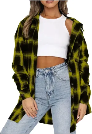 Fall Jackets for Women Trendy Oversized Women's Plaid Coats Fall Light Flannel Shacket Plaid Jacket Loose Boyfriend Plaid Coat with Pockets Womens Clothing Trendy Yellow