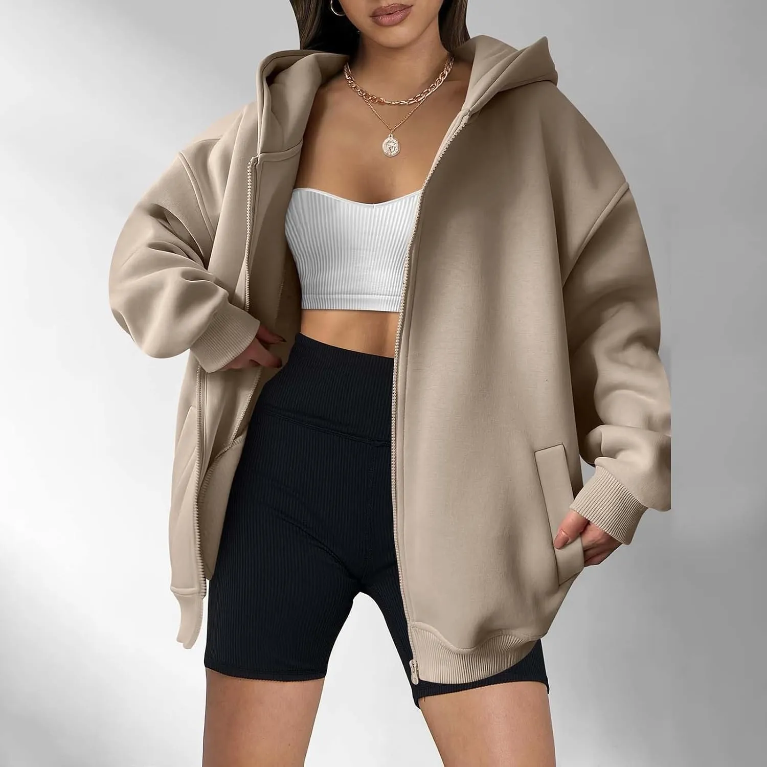 Fall Sweatshirts for Women Full Zip Up Hoodies Oversized Sweatshirt Y2K Clothing Casual Classic Jacket with Pockets