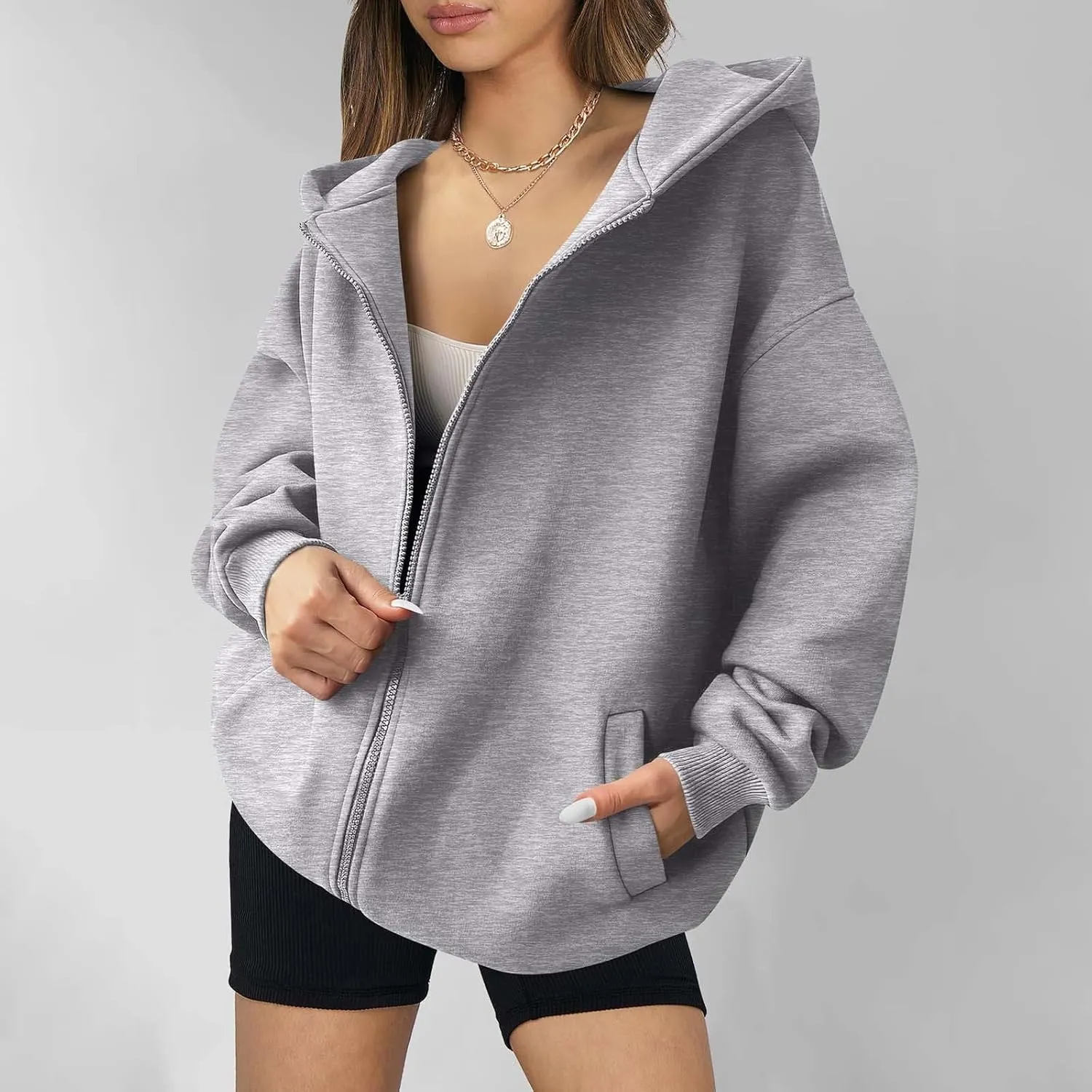 Fall Sweatshirts for Women Full Zip Up Hoodies Oversized Sweatshirt Y2K Clothing Casual Classic Jacket with Pockets