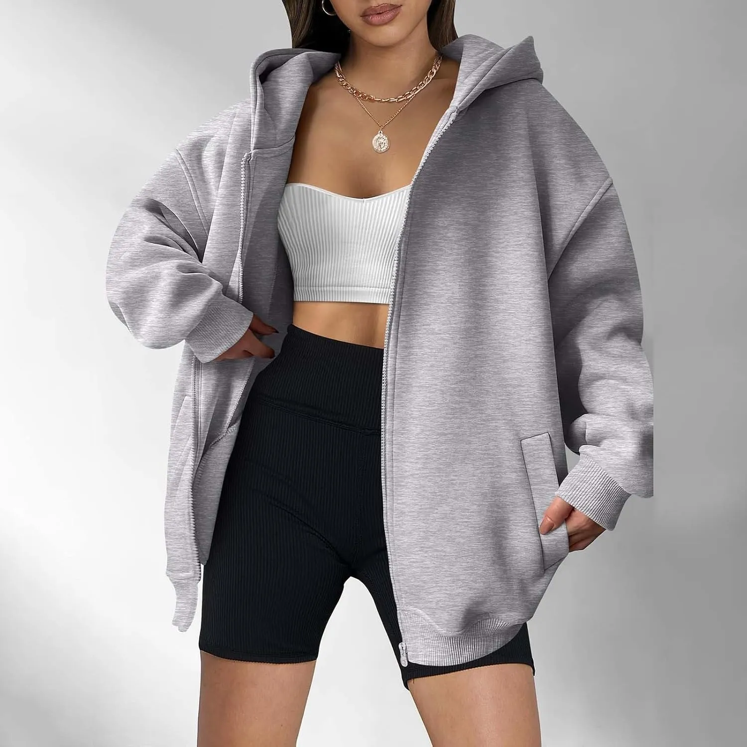 Fall Sweatshirts for Women Full Zip Up Hoodies Oversized Sweatshirt Y2K Clothing Casual Classic Jacket with Pockets