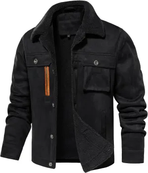 FANARCHER Men’s Casual Winter Jackets Faux Suede Leather Sherpa Jackets Warm Fleece Lined Turn-Down Coat with 5 Pockets
