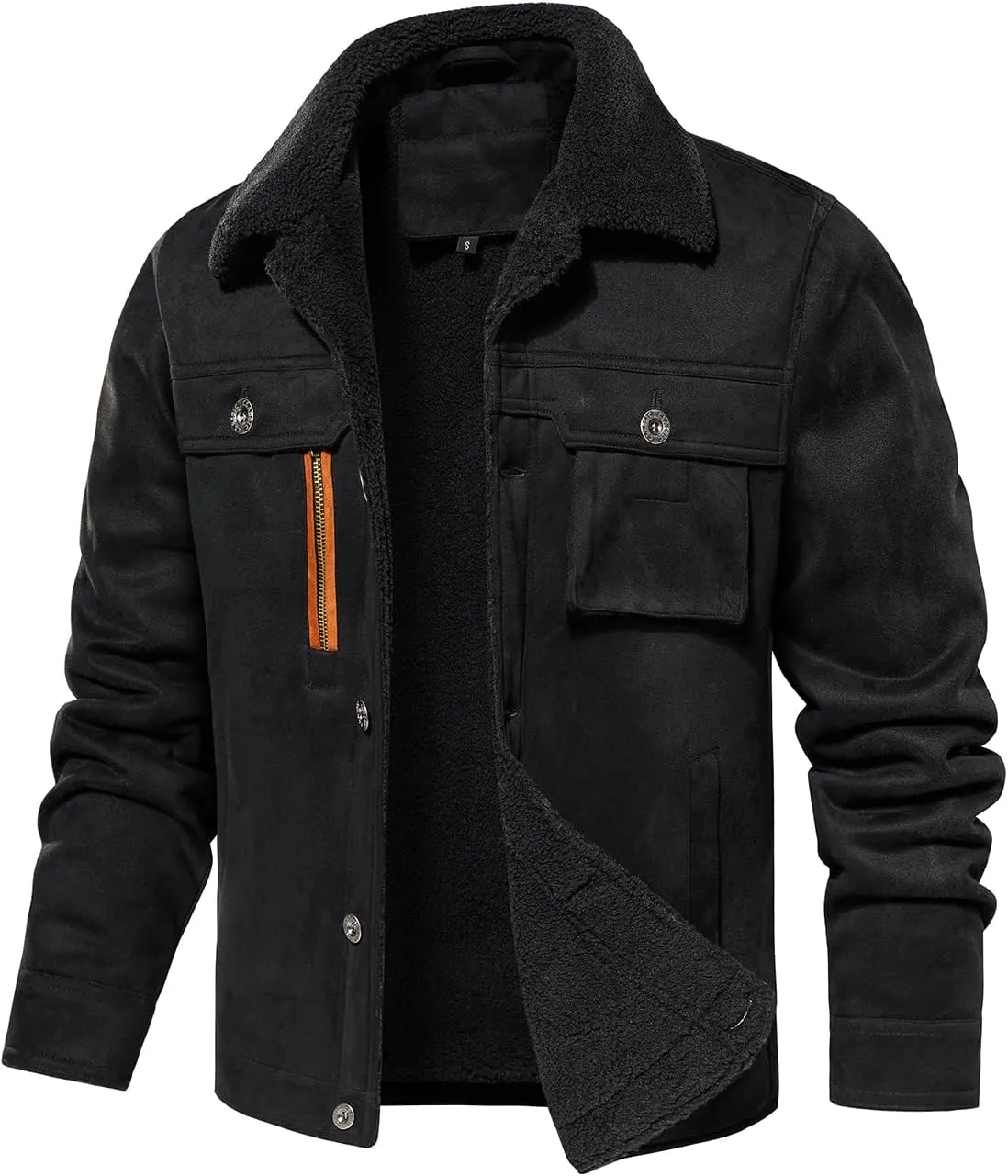 FANARCHER Men’s Casual Winter Jackets Faux Suede Leather Sherpa Jackets Warm Fleece Lined Turn-Down Coat with 5 Pockets