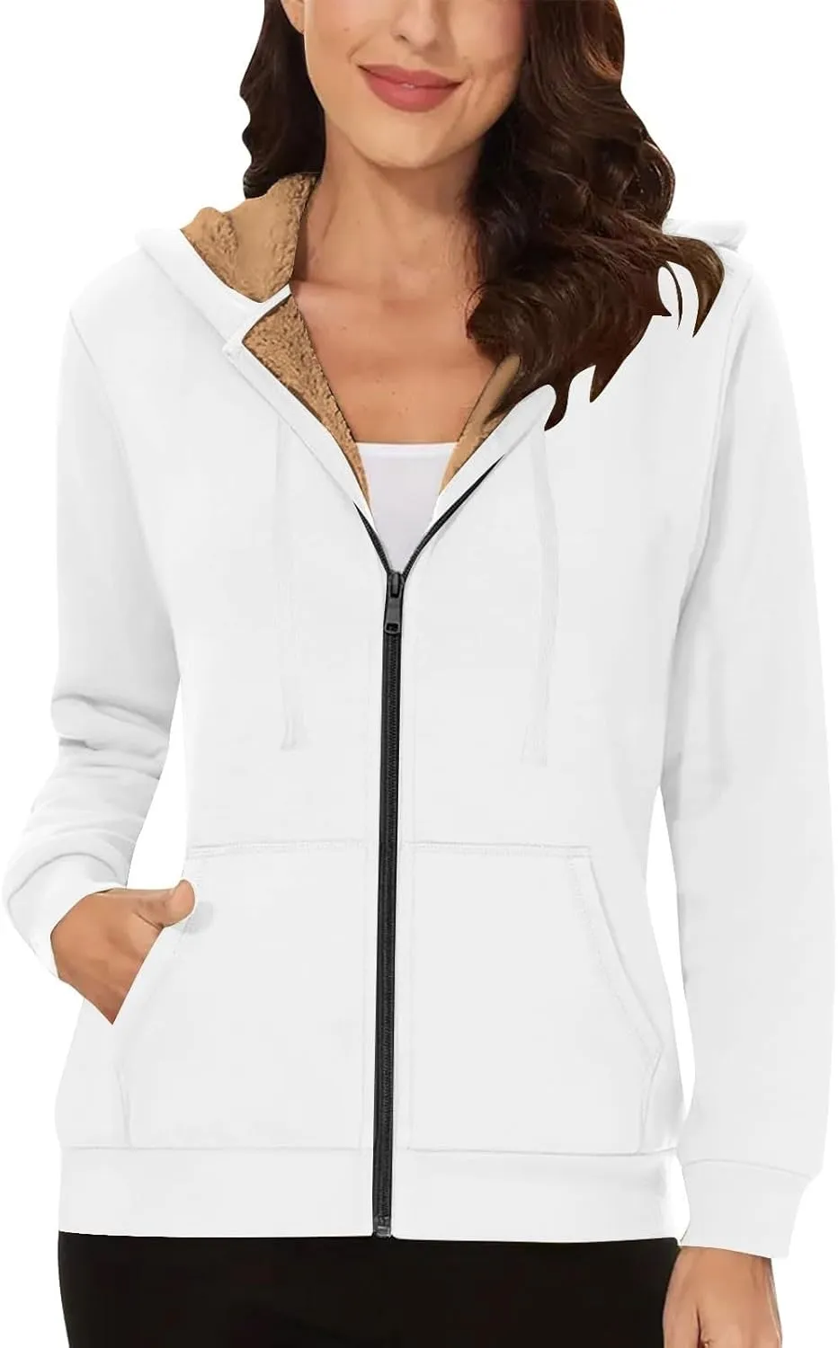 Fleece Lined Zip Up Hoodie Women Plus Size Hooded Sweatshirt Fuzzy Sherpa Lined Jacket Casual Drawstring Winter Coats