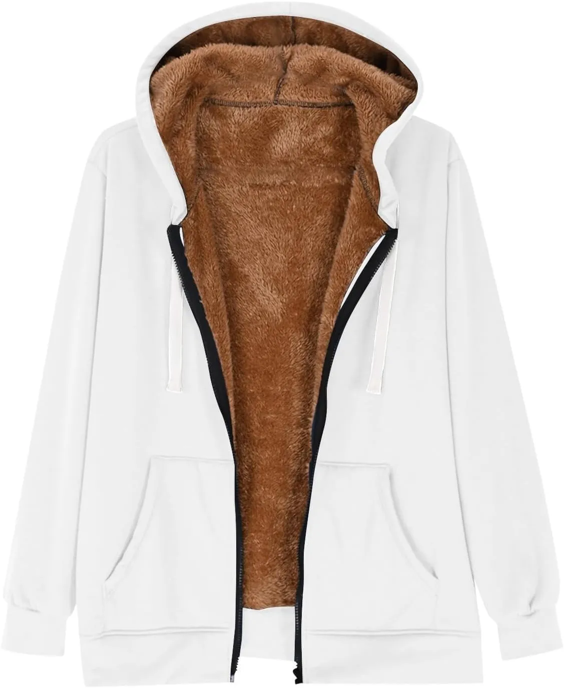 Fleece Lined Zip Up Hoodie Women Plus Size Hooded Sweatshirt Fuzzy Sherpa Lined Jacket Casual Drawstring Winter Coats