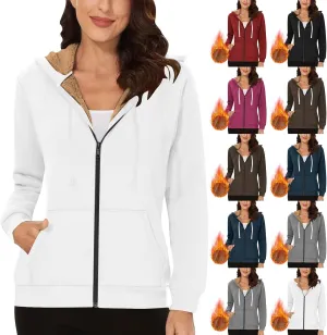 Fleece Lined Zip Up Hoodie Women Plus Size Hooded Sweatshirt Fuzzy Sherpa Lined Jacket Casual Drawstring Winter Coats