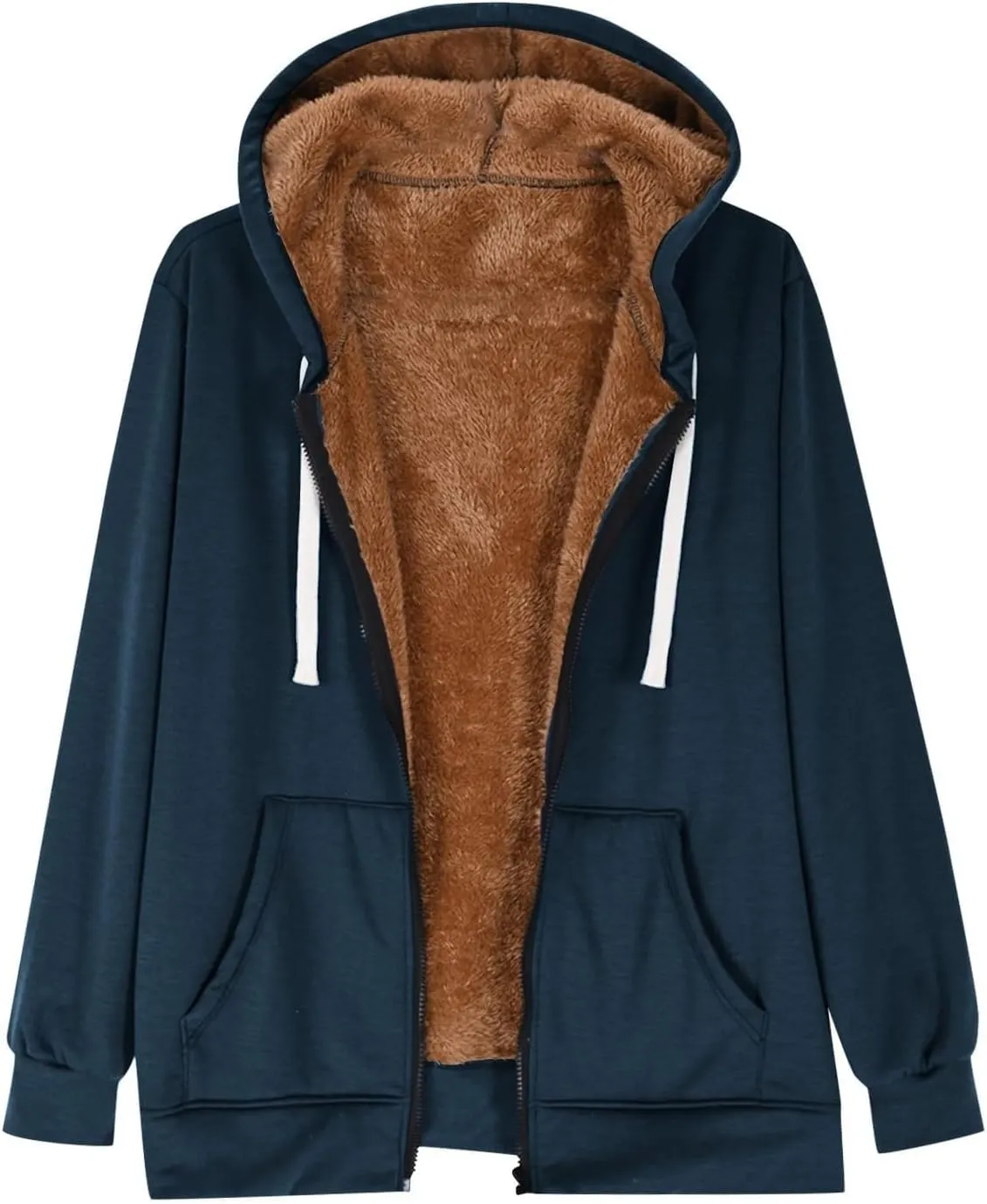 Fleece Lined Zip Up Hoodie Women Plus Size Hooded Sweatshirt Fuzzy Sherpa Lined Jacket Casual Drawstring Winter Coats