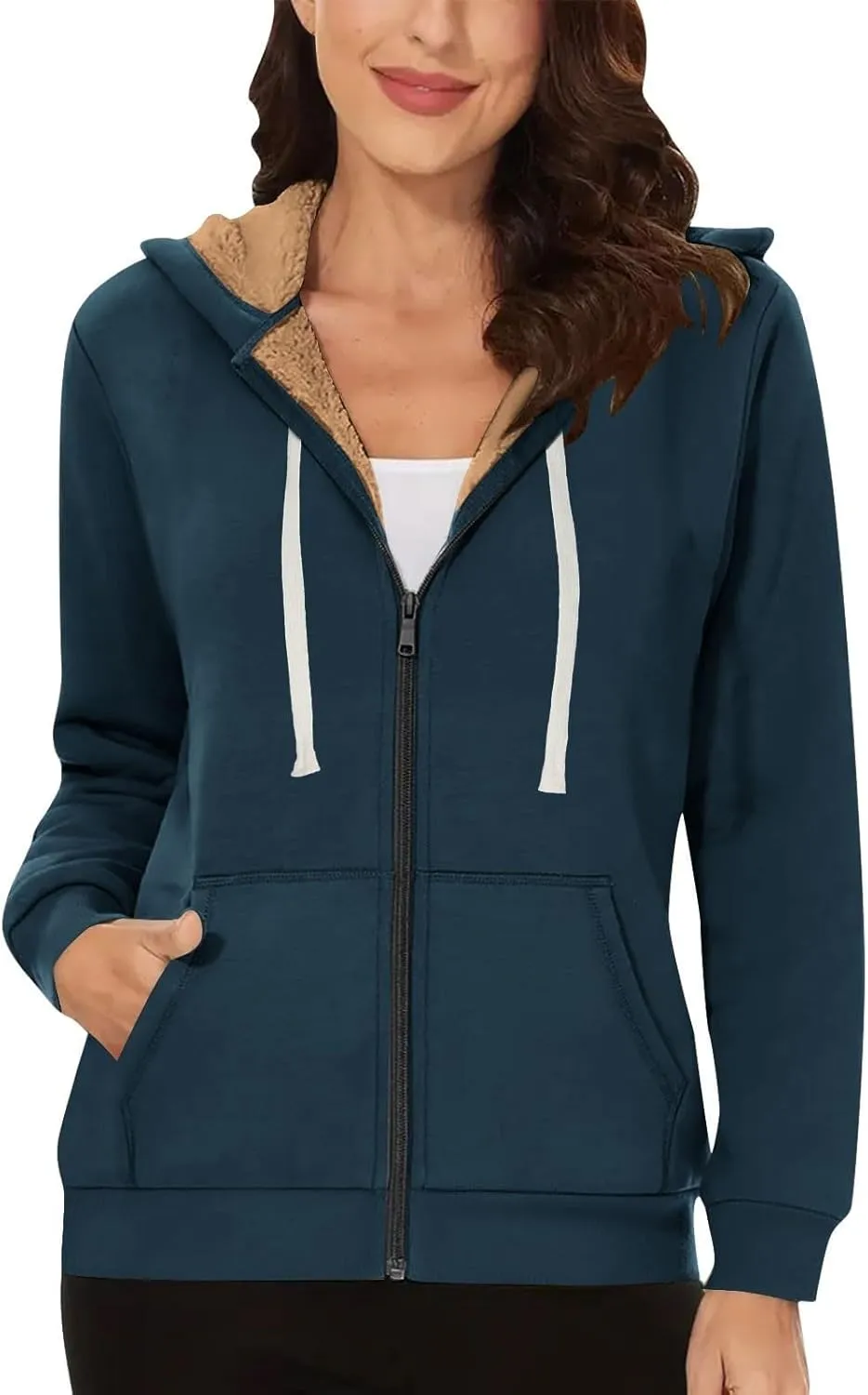 Fleece Lined Zip Up Hoodie Women Plus Size Hooded Sweatshirt Fuzzy Sherpa Lined Jacket Casual Drawstring Winter Coats