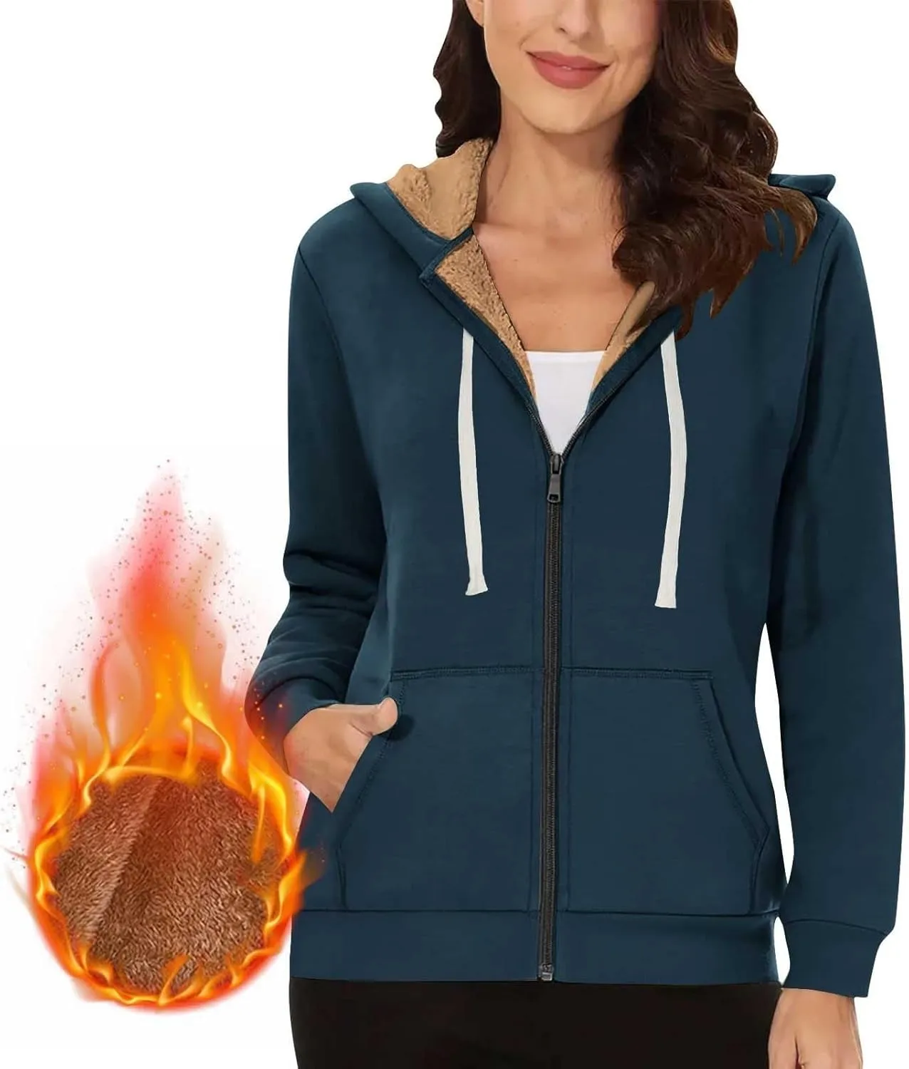 Fleece Lined Zip Up Hoodie Women Plus Size Hooded Sweatshirt Fuzzy Sherpa Lined Jacket Casual Drawstring Winter Coats
