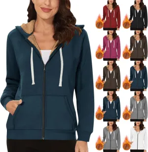 Fleece Lined Zip Up Hoodie Women Plus Size Hooded Sweatshirt Fuzzy Sherpa Lined Jacket Casual Drawstring Winter Coats