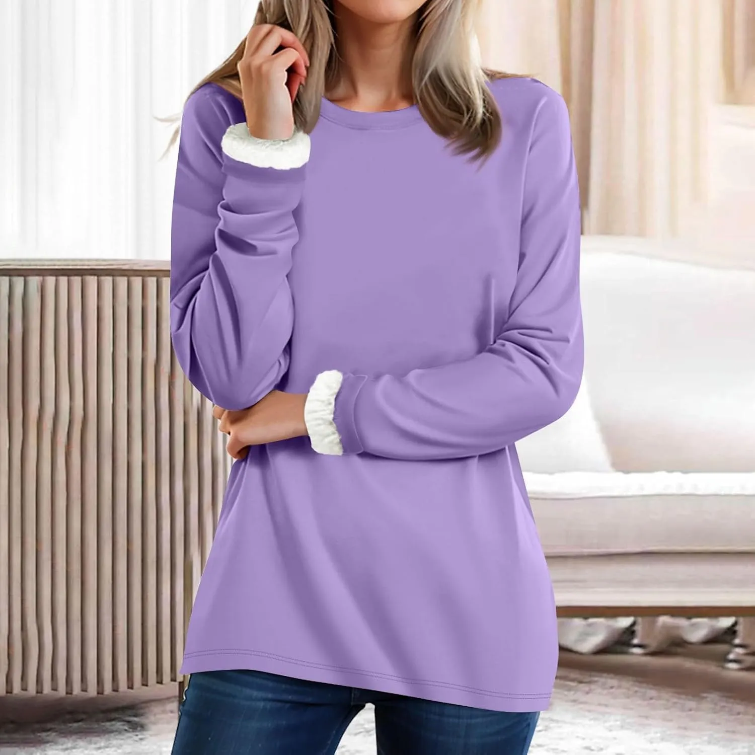 Fleece Sweatshirts for Women Sherpa Lined Casual Loose Colorblock Tee Pullover Solid Color Thermal Cute Loungewear