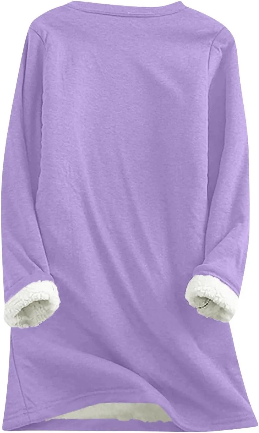 Fleece Sweatshirts for Women Sherpa Lined Casual Loose Colorblock Tee Pullover Solid Color Thermal Cute Loungewear