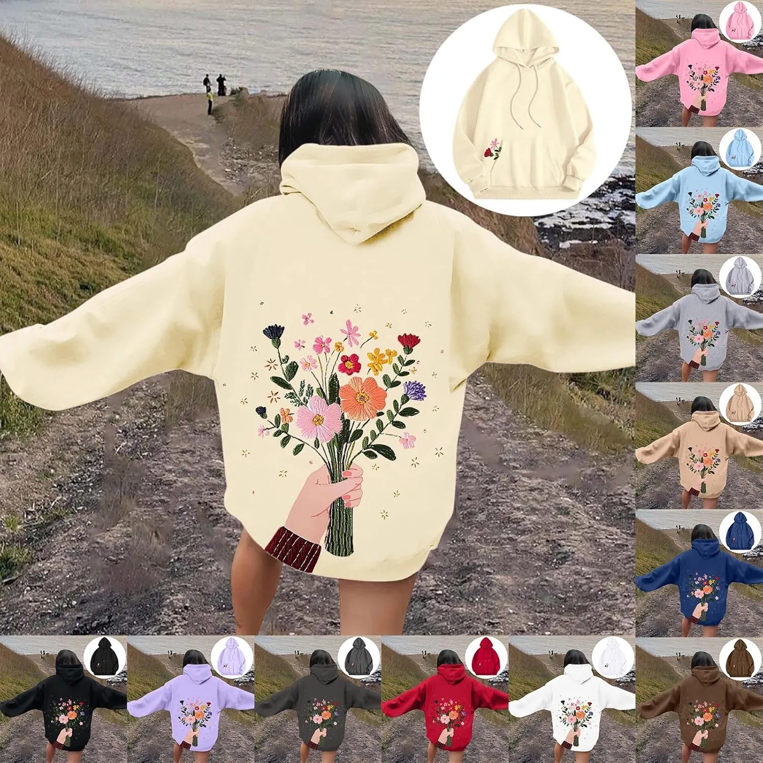 Floral Graphic Hoodies for Women Novelty Floral Flower Print Sweatshirts for Teen Girls Y2k Sweatshirt With Pockets
