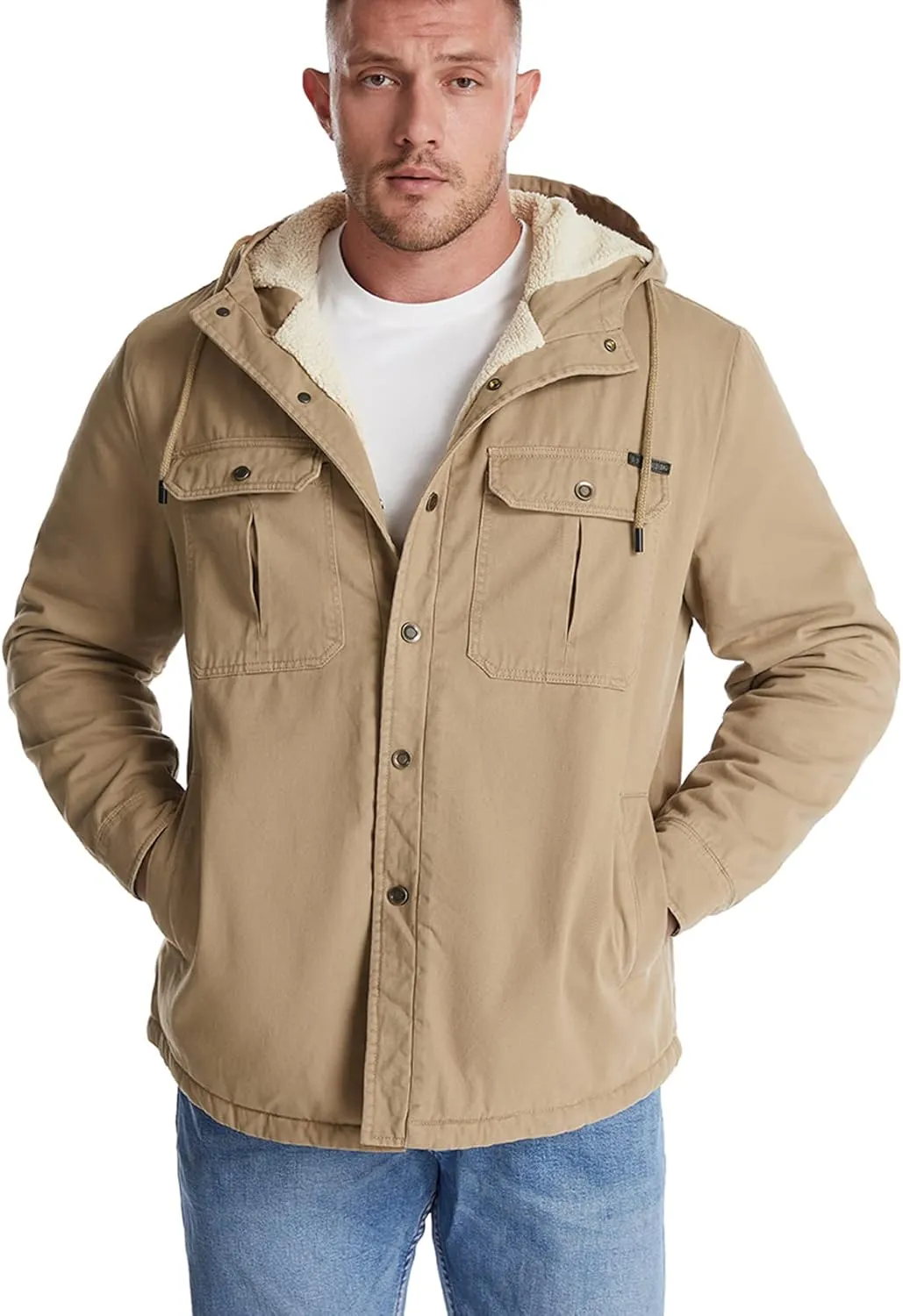 Flygo Men's Warm Relaxed Fit Washed Duck Sherpa-Lined Shirt Jacket Hooded Outdoor Fleece Lined Utility Work Coat