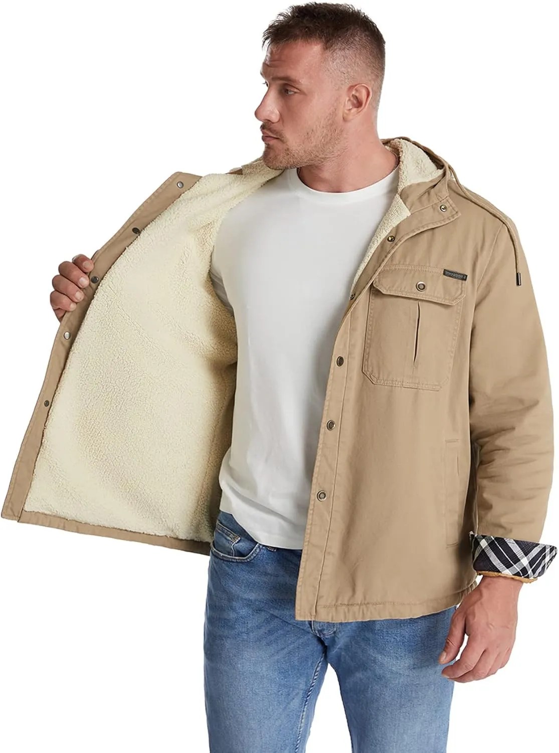 Flygo Men's Warm Relaxed Fit Washed Duck Sherpa-Lined Shirt Jacket Hooded Outdoor Fleece Lined Utility Work Coat