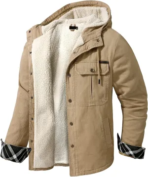 Flygo Men's Warm Relaxed Fit Washed Duck Sherpa-Lined Shirt Jacket Hooded Outdoor Fleece Lined Utility Work Coat