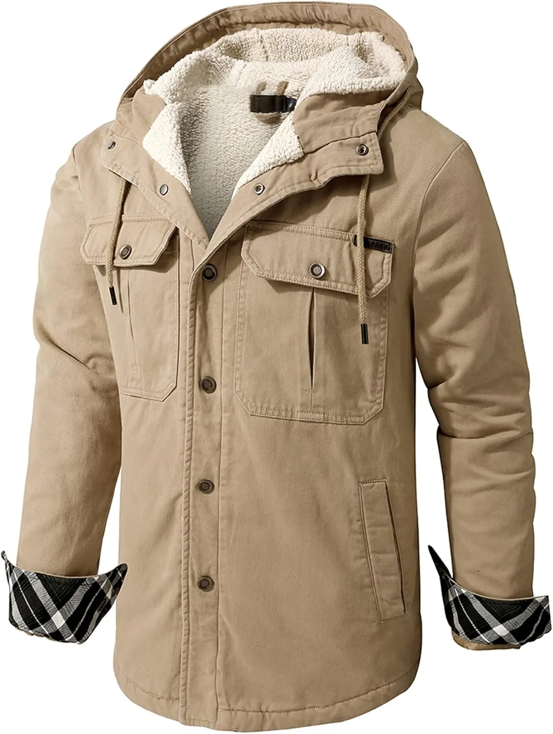 Flygo Men's Warm Relaxed Fit Washed Duck Sherpa-Lined Shirt Jacket Hooded Outdoor Fleece Lined Utility Work Coat