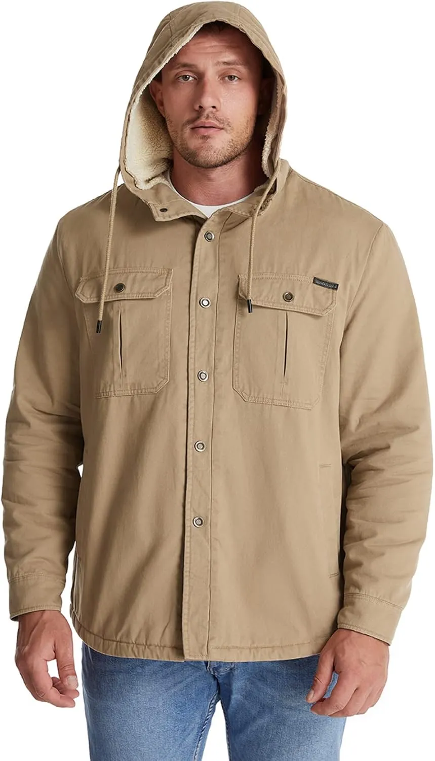 Flygo Men's Warm Relaxed Fit Washed Duck Sherpa-Lined Shirt Jacket Hooded Outdoor Fleece Lined Utility Work Coat