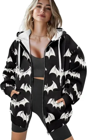 Forchrinse Black Bat Womens Zip Up Sweatshirts Gothic Y2K Hoodie Causal Long Sleeve Oversized Sweatshirts Loose Track Jackets