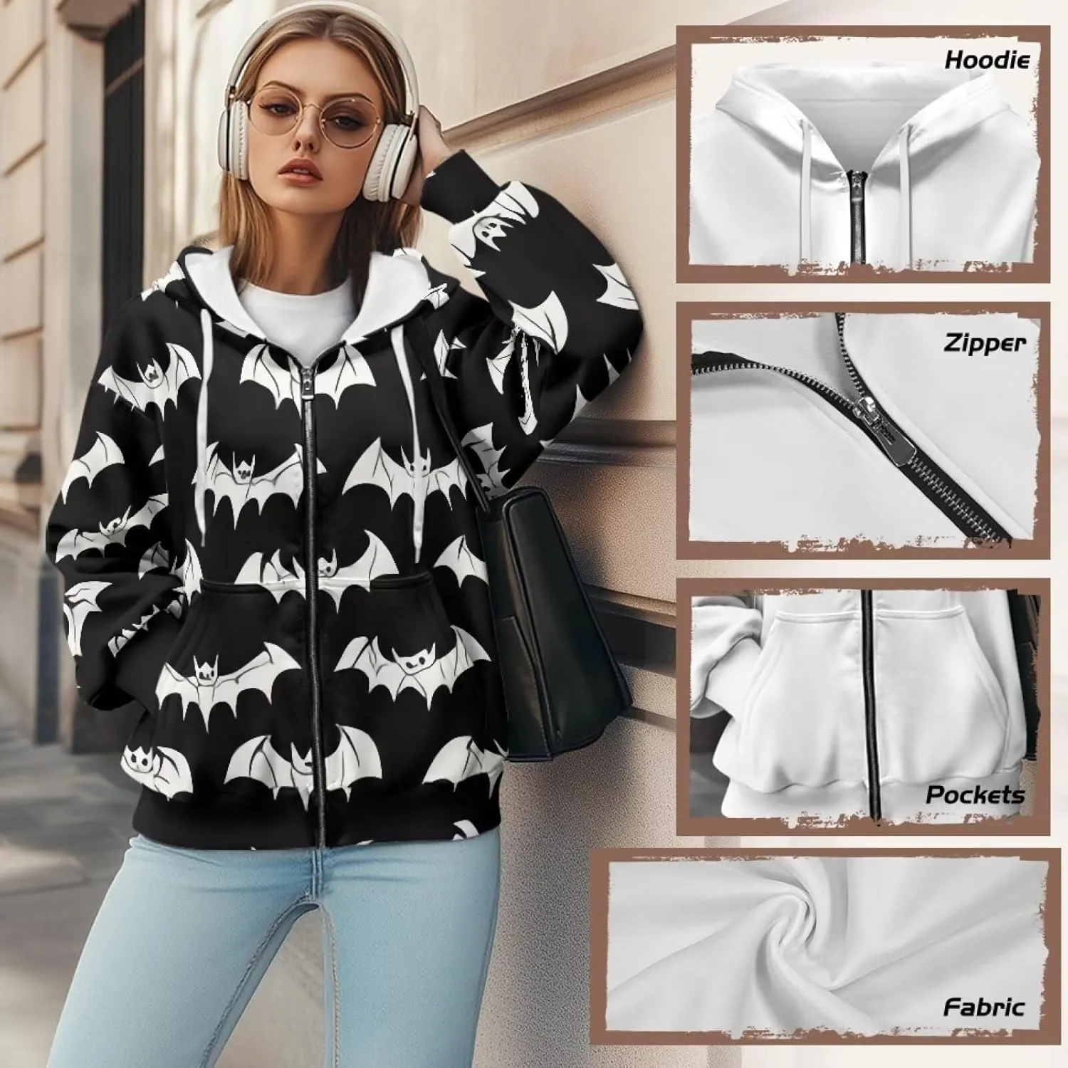 Forchrinse Black Bat Womens Zip Up Sweatshirts Gothic Y2K Hoodie Causal Long Sleeve Oversized Sweatshirts Loose Track Jackets