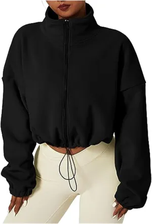Full Zip Polar Fleece Crop Jacket for Women Warm Long Sleeve Stand Collar Sherpa Short Coat Pullover Sweatshirt Tops