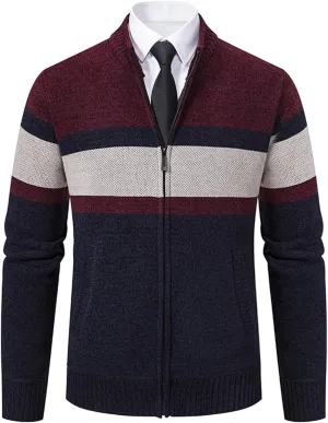 Full Zip Quilted Lined Cardigan Sweaters for Men Stand Collar Fleece Cable Knit Sweater with Pockets
