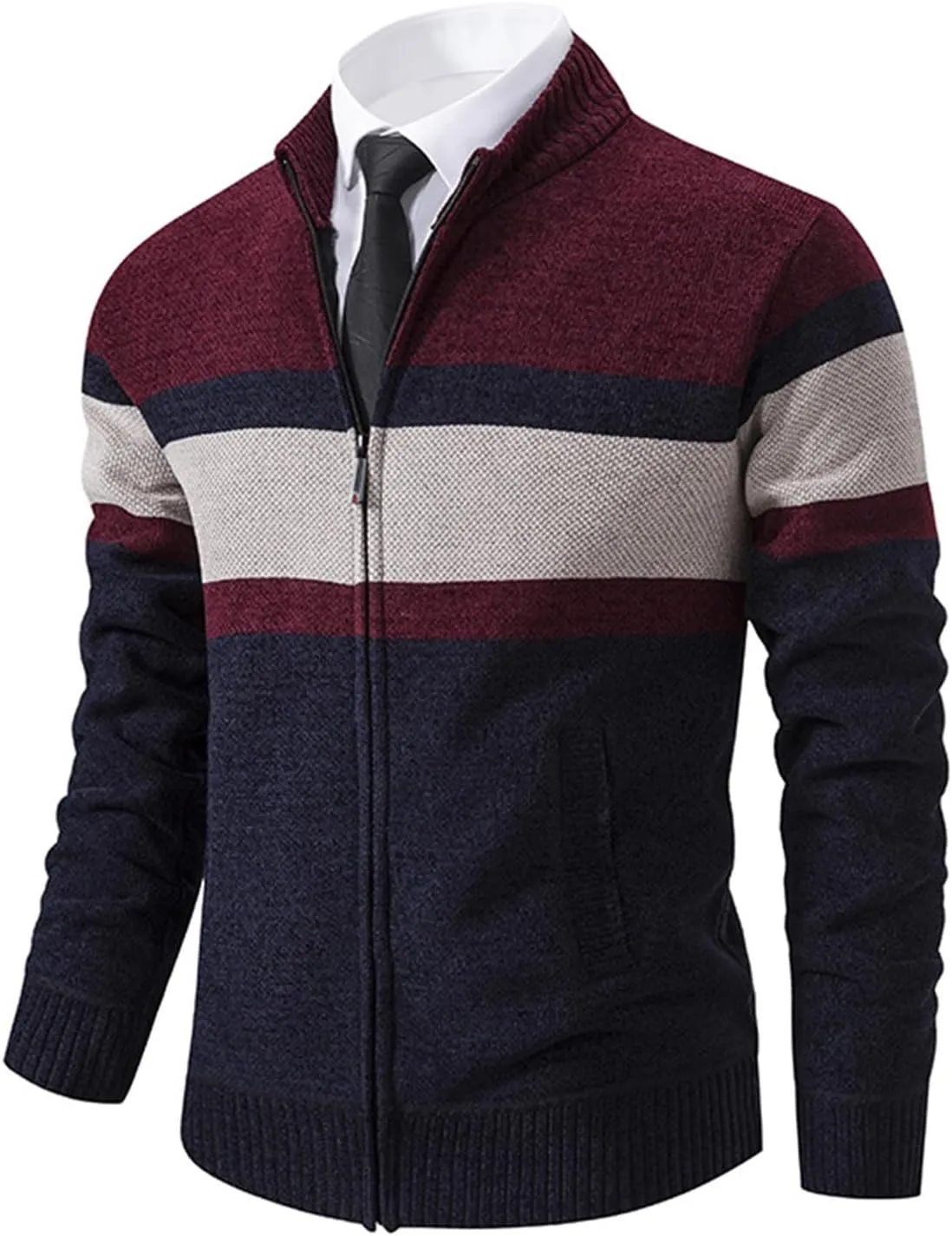 Full Zip Quilted Lined Cardigan Sweaters for Men Stand Collar Fleece Cable Knit Sweater with Pockets