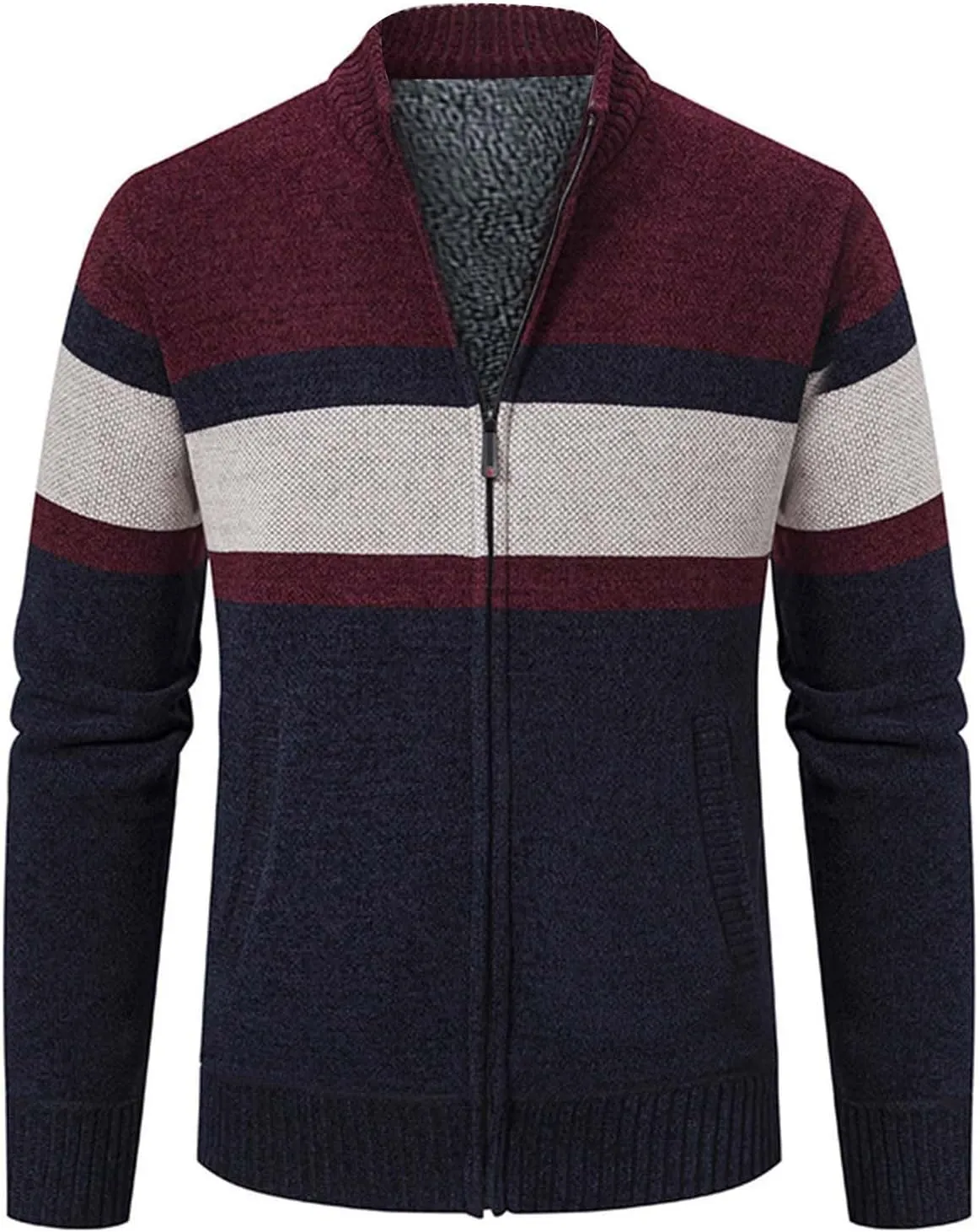 Full Zip Quilted Lined Cardigan Sweaters for Men Stand Collar Fleece Cable Knit Sweater with Pockets