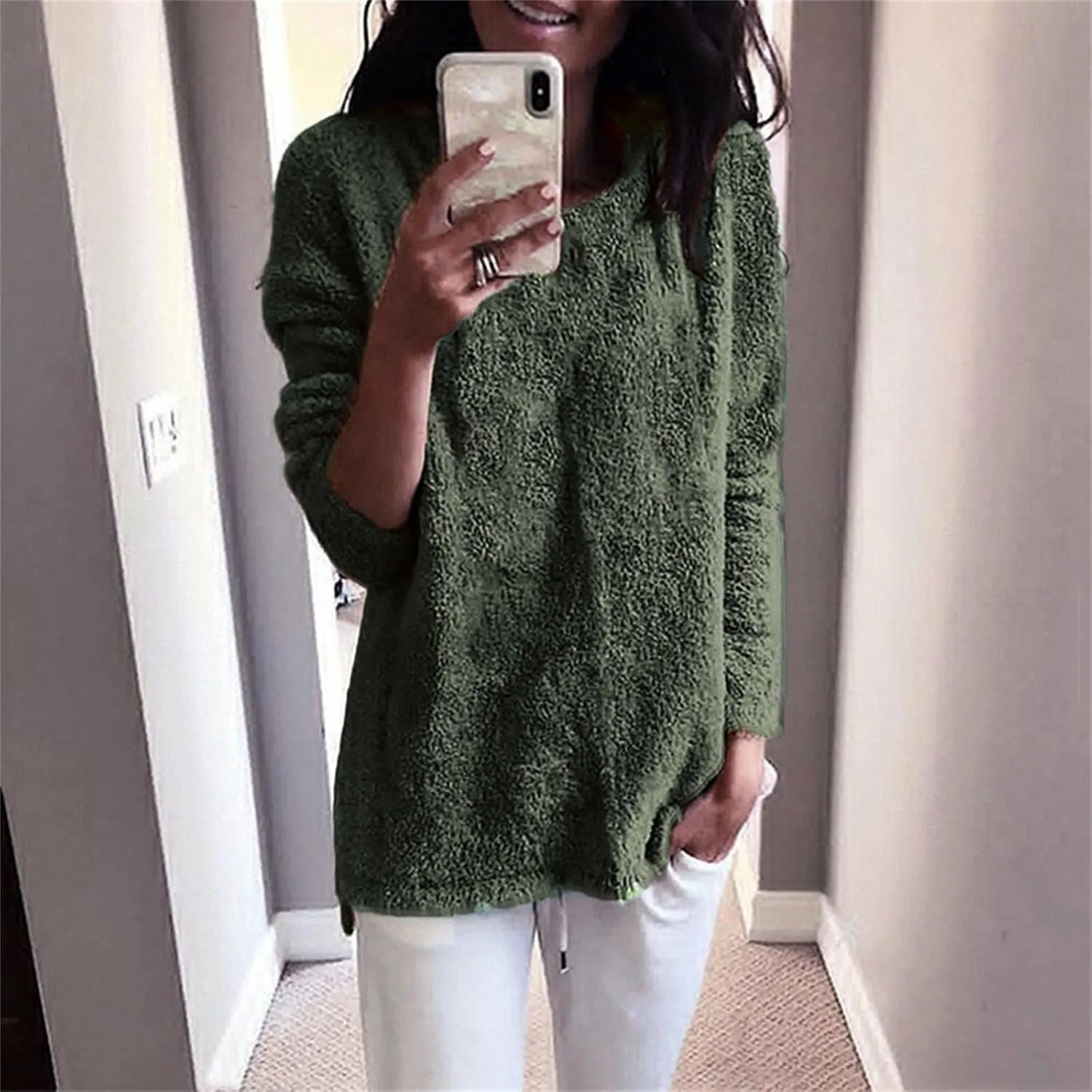 GIERIDUC Womens Fleece Tunic Pullover Long Sherpa Long Sweater Casual Fuzzy Sweatshirts Oversized Fluffy Tops with Pockets