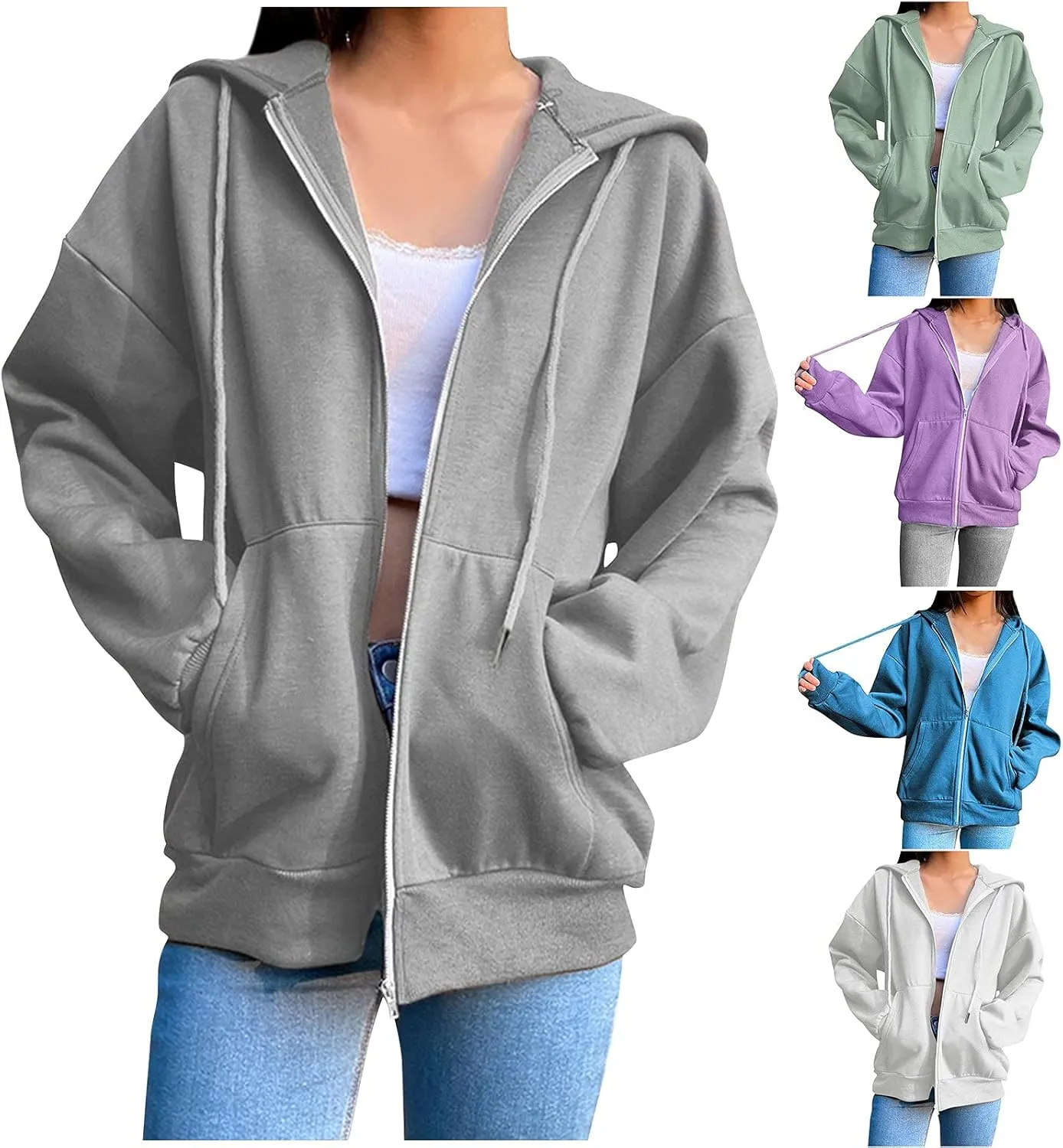 GIERIDUC Women's Zip Up Oversized Sweatshirts Fleece Jacket Coat Long Sleeve Casual Hoodies Fall Teen Girls Preppy Clothes