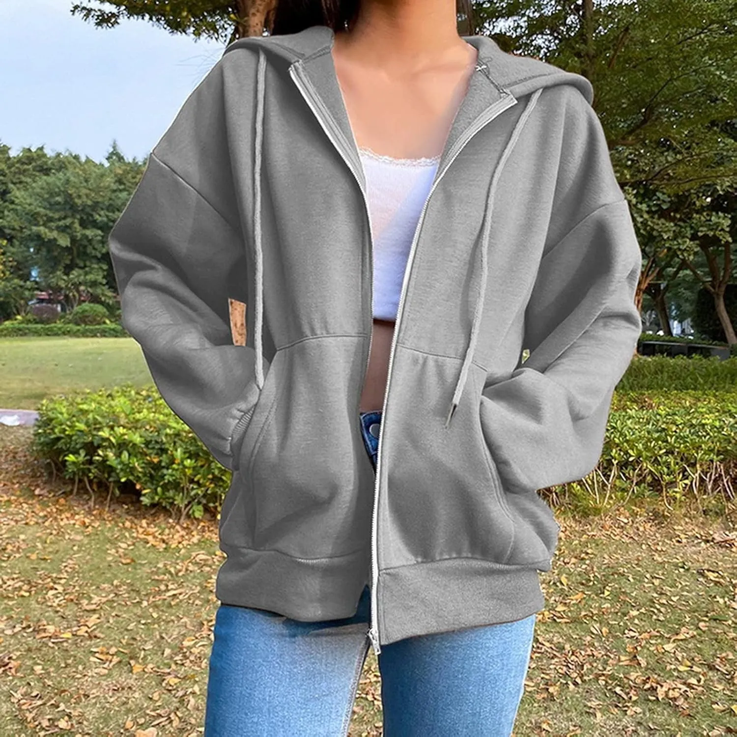 GIERIDUC Women's Zip Up Oversized Sweatshirts Fleece Jacket Coat Long Sleeve Casual Hoodies Fall Teen Girls Preppy Clothes